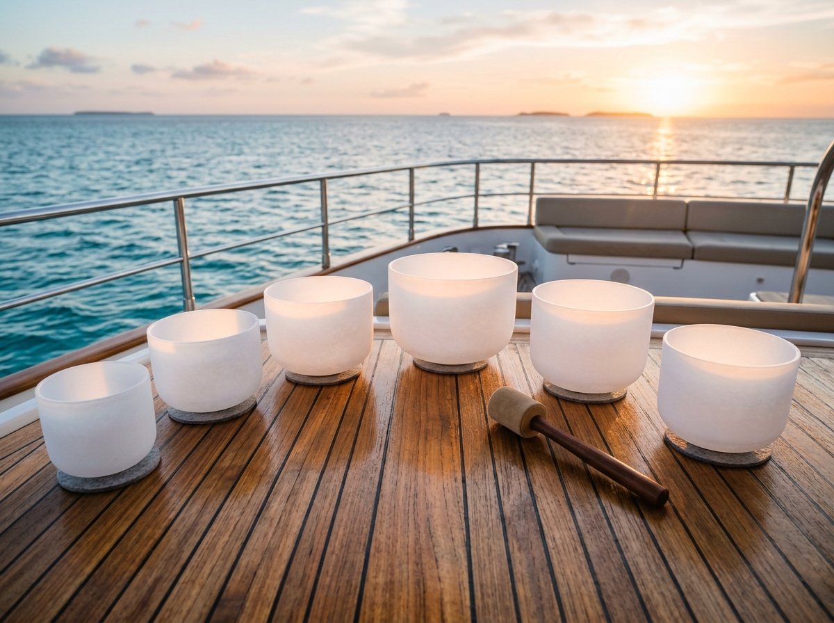 Pure quartz crystal singing bowls and sound bath striker on luxury yacht teak deck at golden hour