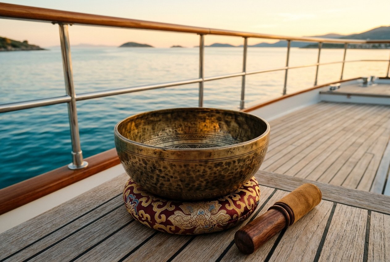 Handcrafted bronze Tibetan singing bowl on embroidered silk cushion on teak yacht deck overlooking calm ocean